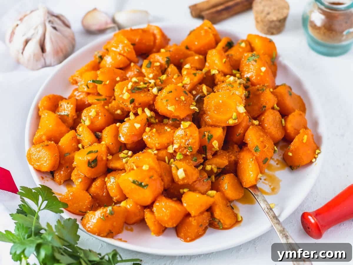 45 Delightful Vegetable Sides 22 Moroccan carrot salad on a white plate with a silver spoon