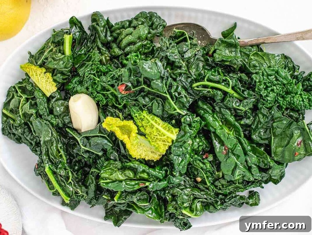 45 Delightful Vegetable Sides 29 Sauteed kale on a white platter