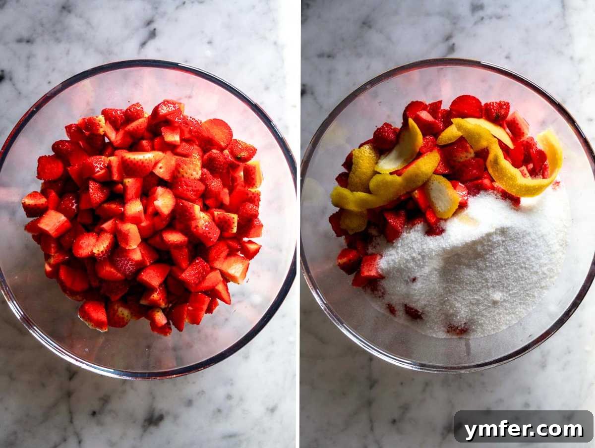Summer in a Jar 5 Strawberries, sugar, and lemon peel marinating in a bowl, showing the initial step of jam preparation.