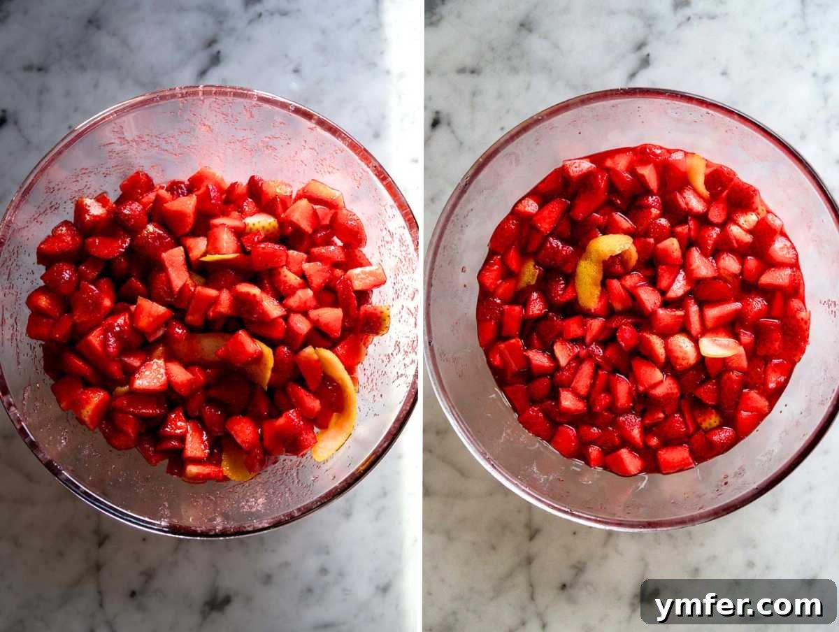Summer in a Jar 6 Marinated strawberries after 12 hours in the fridge, showing the released juices.