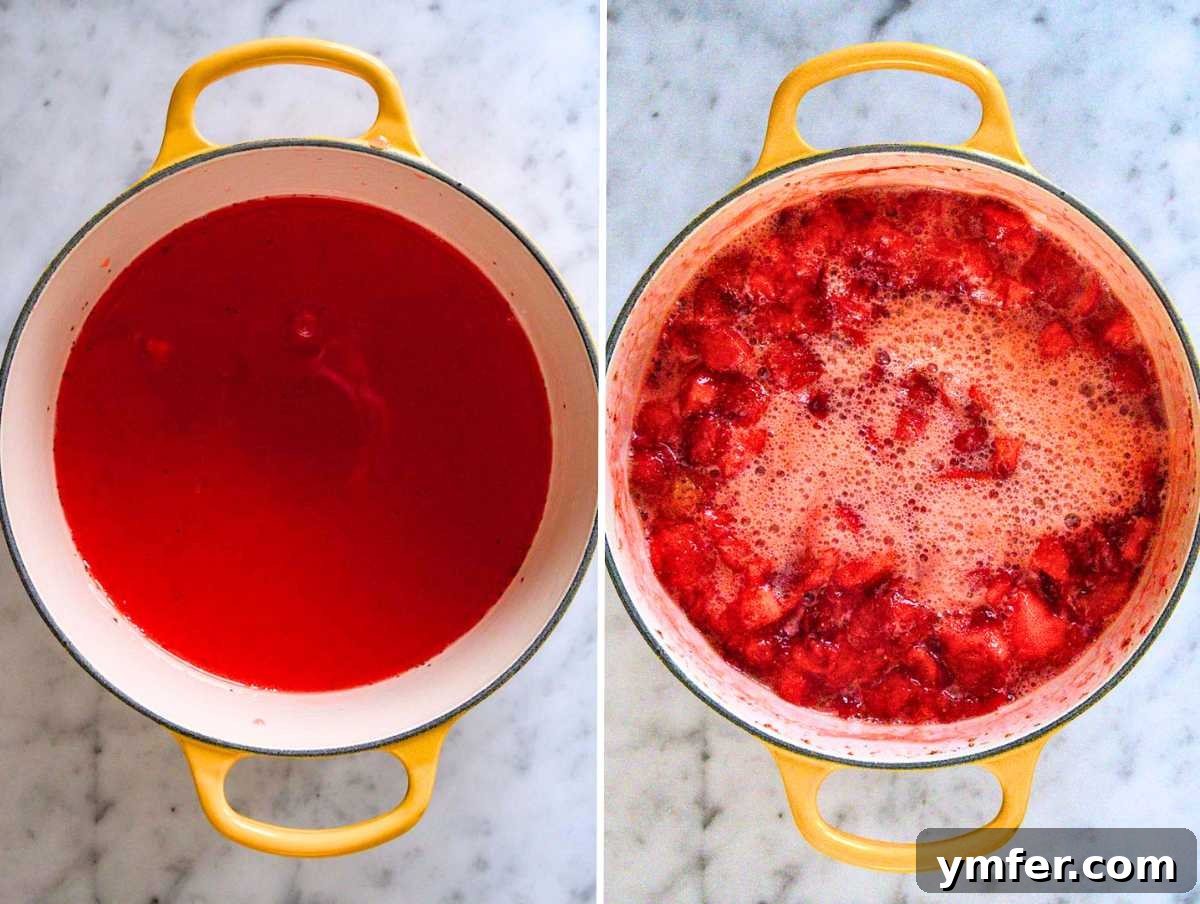 Summer in a Jar 7 Diced strawberries cooking in their own rich juice, simmering to perfection.