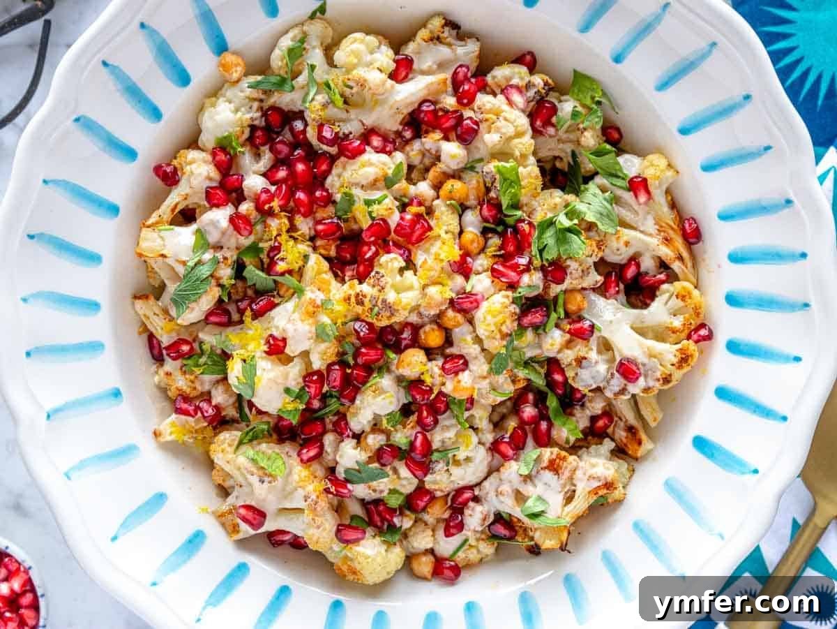 Feast on Plants: 35 Vibrant Recipes 17 Cauliflower salad served elegantly in a hand-painted ceramic bowl.
