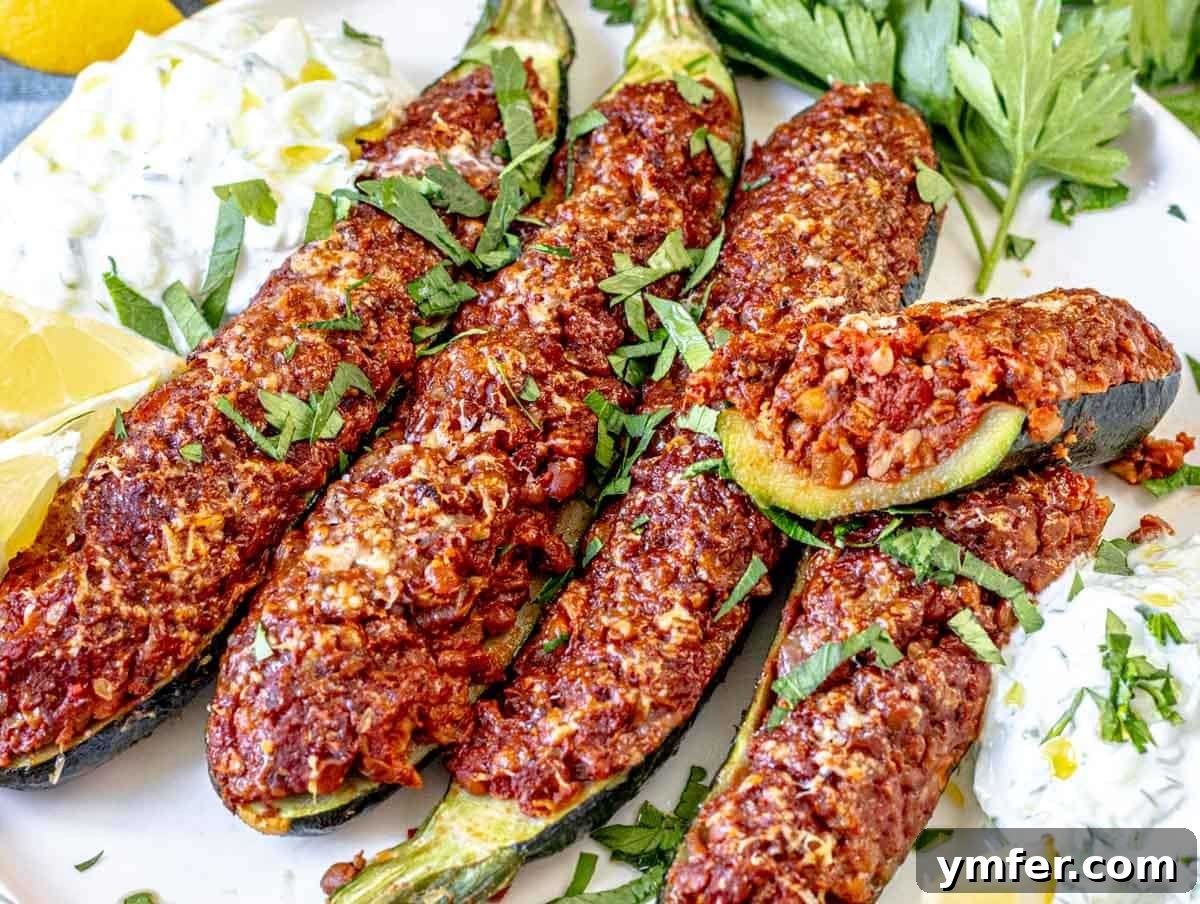 Feast on Plants: 35 Vibrant Recipes 20 Zucchini boats arranged on a plate with creamy tzatziki and fresh parsley.