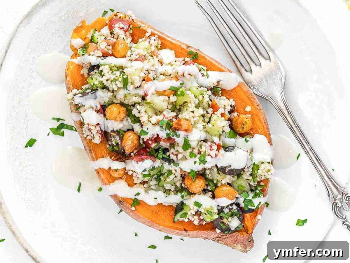 Feast on Plants: 35 Vibrant Recipes 25 Microwave sweet potato crowned with a fluffy couscous topping.