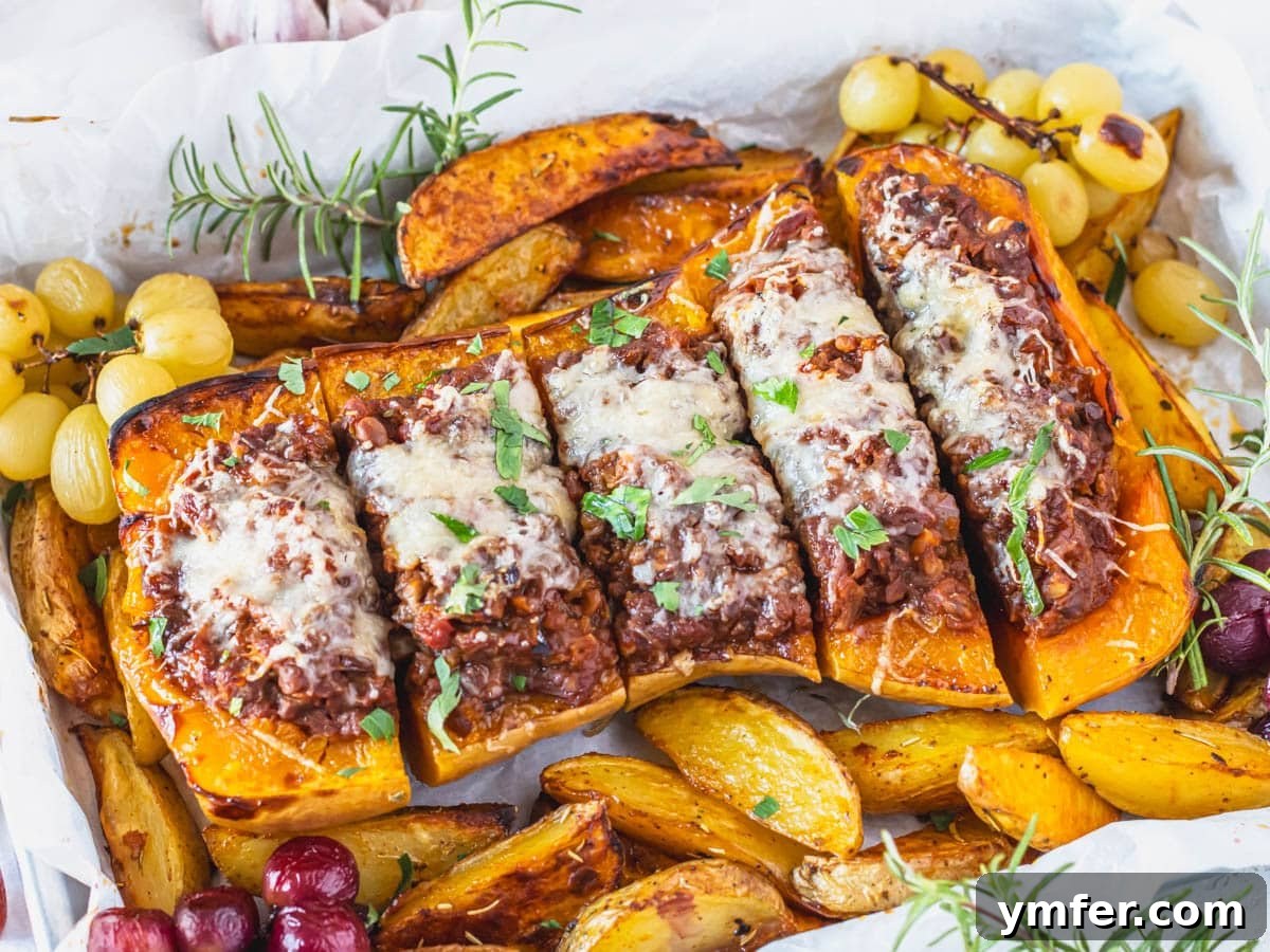 Feast on Plants: 35 Vibrant Recipes 31 Stuffed butternut squash after baking, topped with melted parmesan.