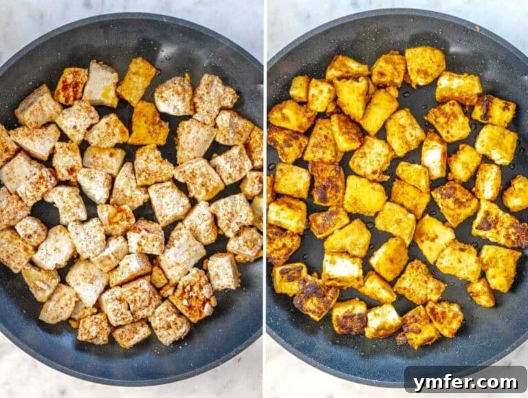Feast on Plants: 35 Vibrant Recipes 43 Cooking the pan-fried tofu on a skillet until crispy.