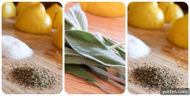 A close-up of fresh lemons, aromatic herbs, kosher salt, and black pepper, the simple yet powerful ingredients for a perfect roast chicken. Fresh lemons, rosemary, thyme, sage, kosher salt, and black pepper arranged on a wooden cutting board, ready for use.