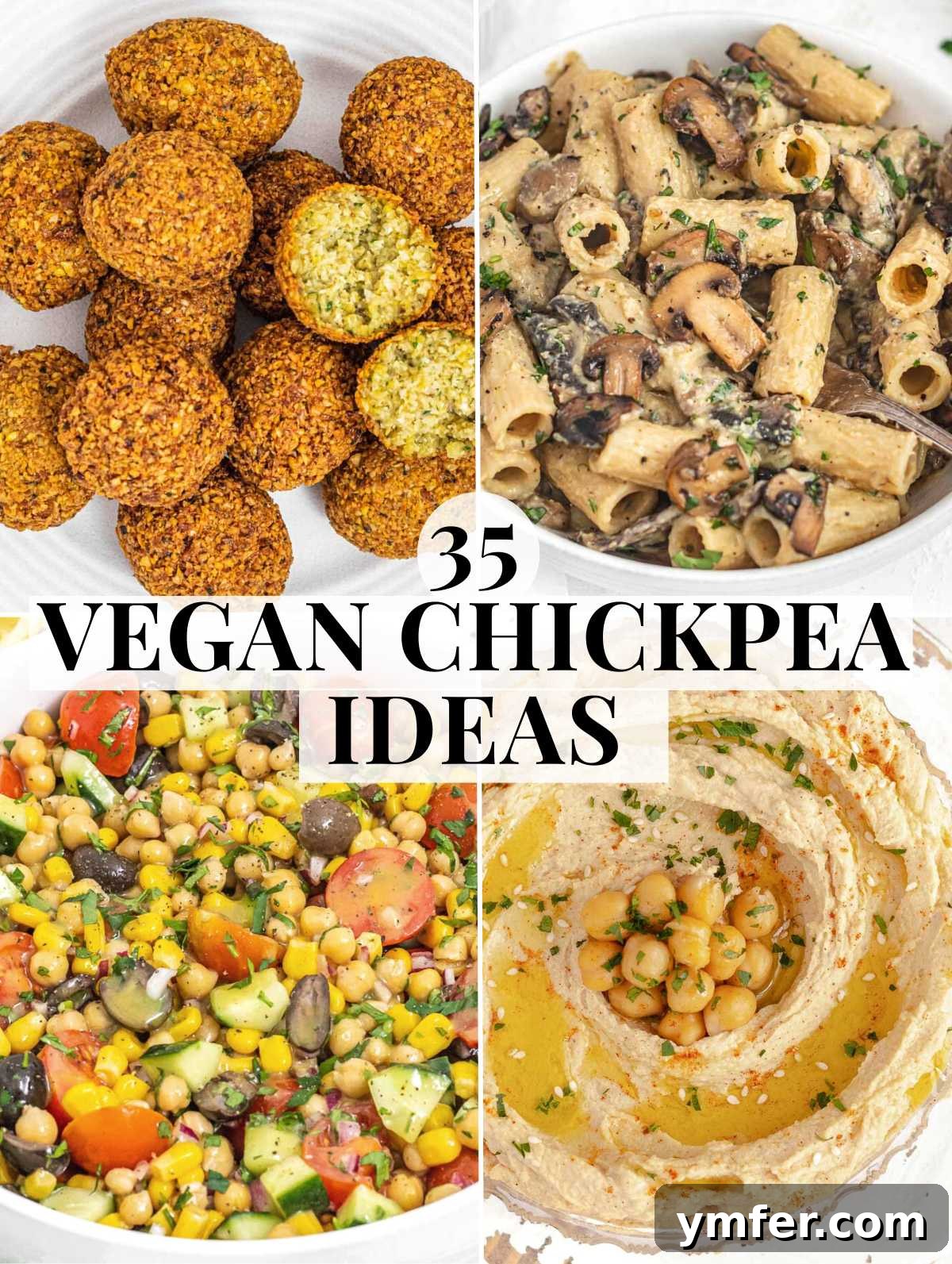 35 Plant-Powered Chickpea Creations 2 A vibrant display of various vegan chickpea dishes, including main courses and appetizers, showcasing the versatility of chickpeas.
