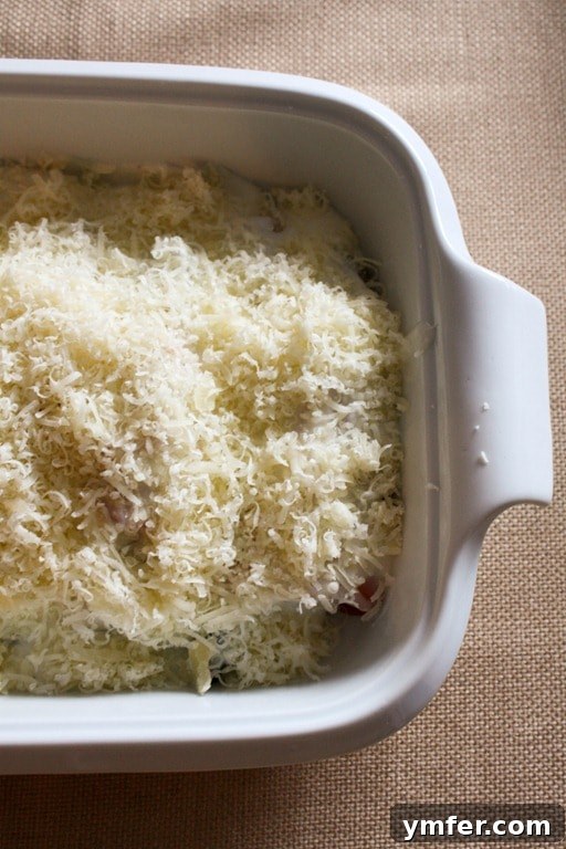 Prosciutto wrapped endive halves arranged in a baking dish, ready for béchamel sauce and cheese.