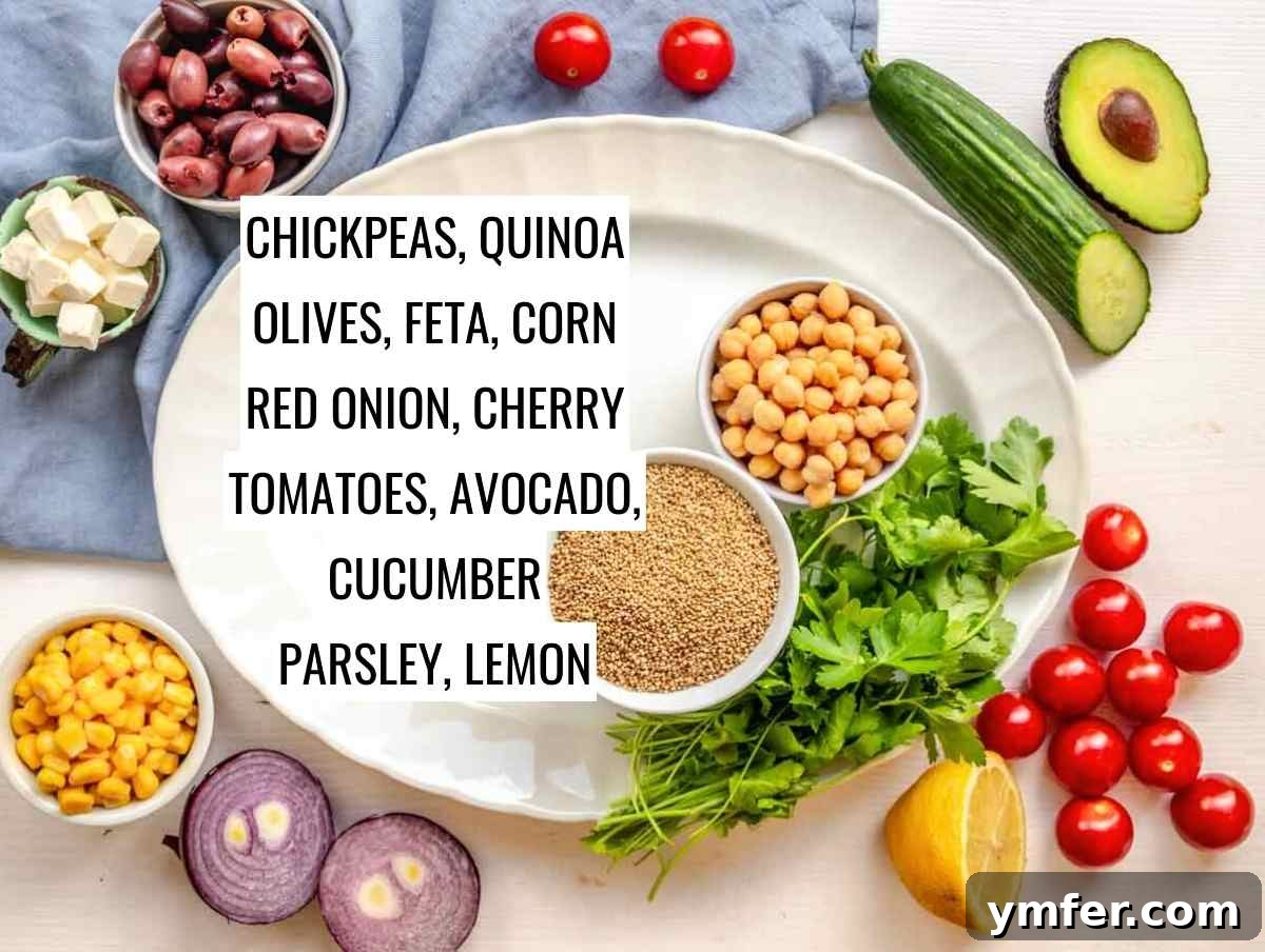 Zesty Quinoa Chickpea Power Salad 4 Ingredients for quinoa chickpea salad laid out.