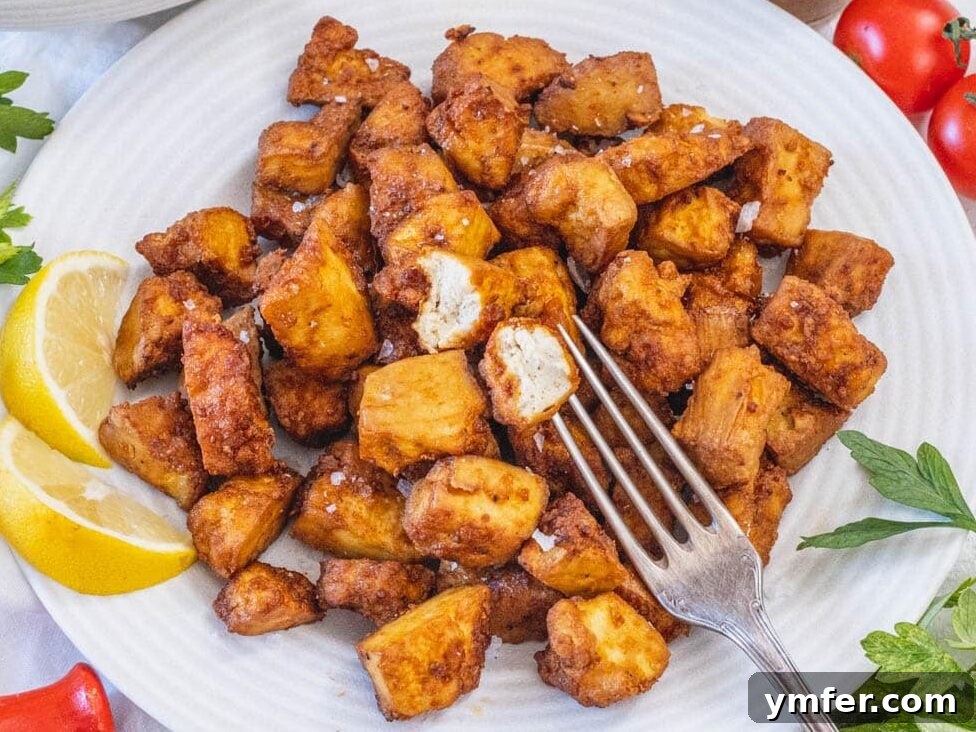 Effortless Crispy Air Fryer Tofu 10 Air fryer tofu served on a white plate with fresh lemon wedges.