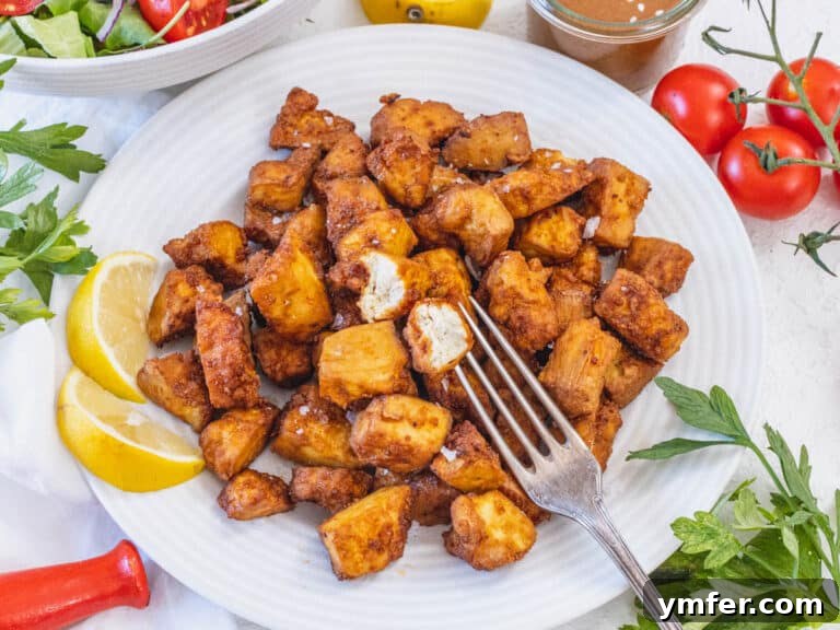 Crispy air fryer tofu on a plate with lemon wedges, ready to serve.