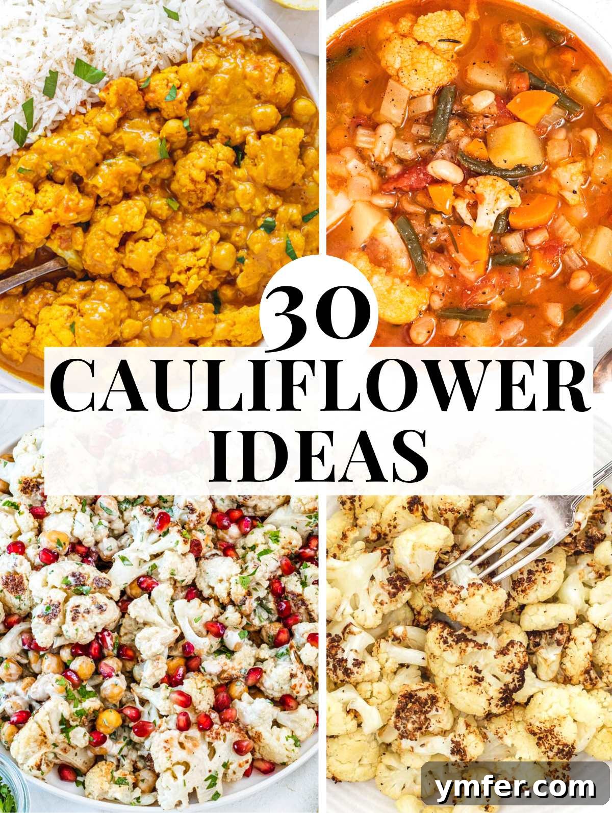 Versatile Cauliflower Creations 2 Diverse collection of vegan cauliflower recipes including soups, salads, and curries