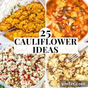 Compilation of vegan cauliflower recipes including soups, salads, and side dishes