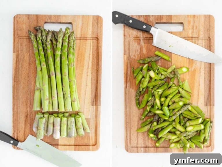 How to cut and trim asparagus for sautéing.