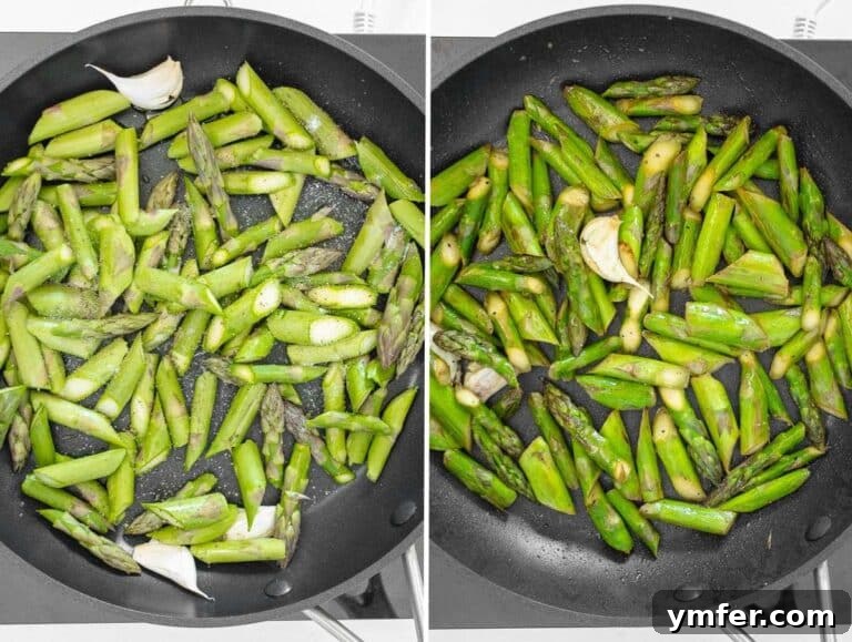 Image showing sautéed asparagus before and after cooking, mid-process.
