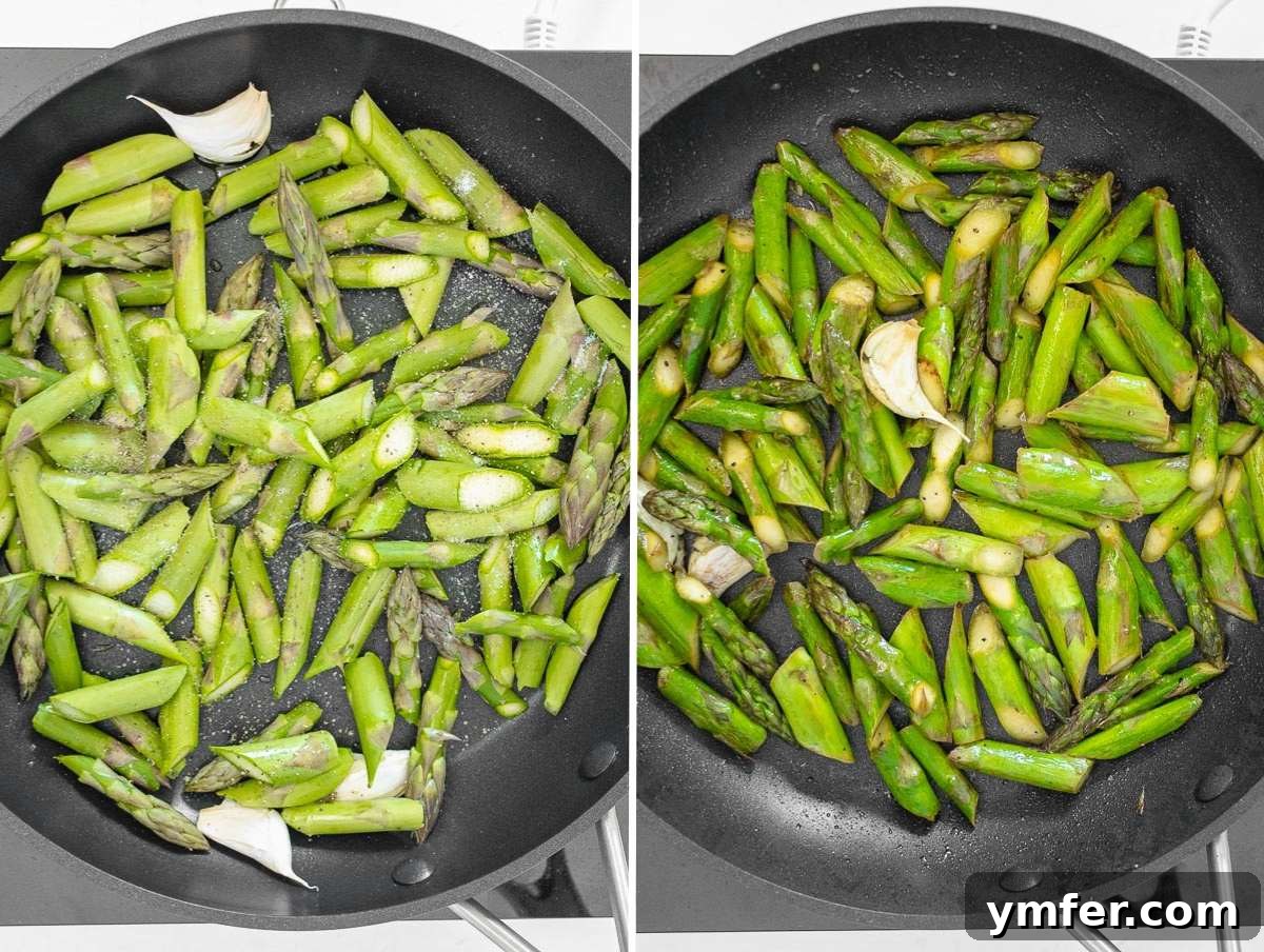Before and after comparison of sautéed asparagus in a skillet.