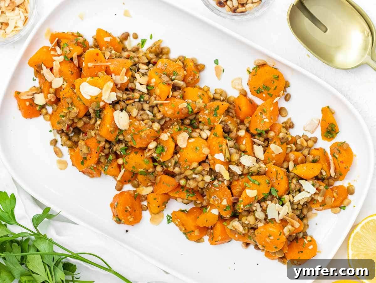 Golden Honey Mustard Bliss 15 Moroccan carrot salad with lentils, featuring a spiced honey mustard dressing