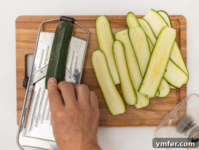 Perfectly Charred Zucchini 19 cutting zucchini with a mandoline slices