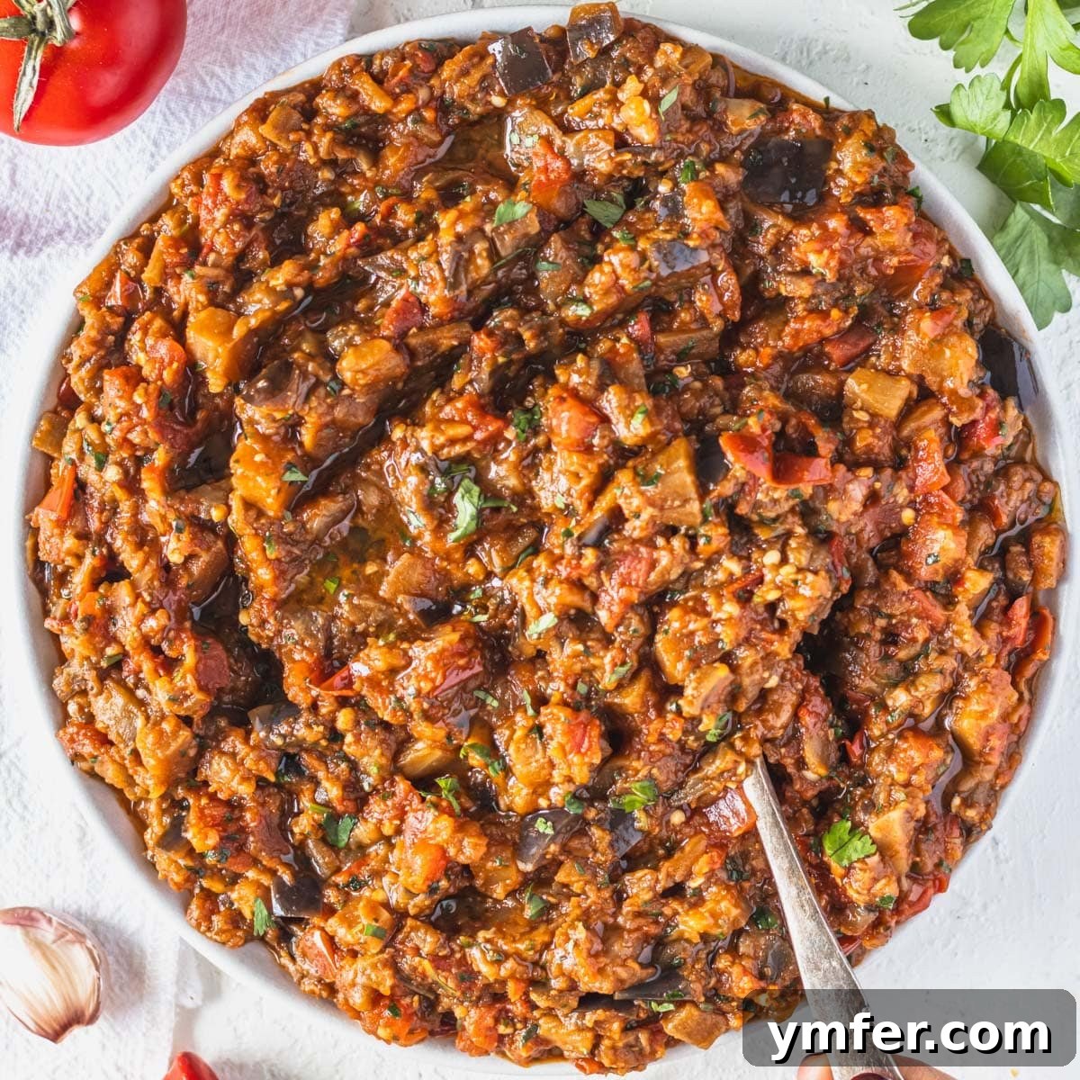 Eggplant Elevated 30 Exciting Recipes 22 Zaalouk served in a bowl with a silver spoon.