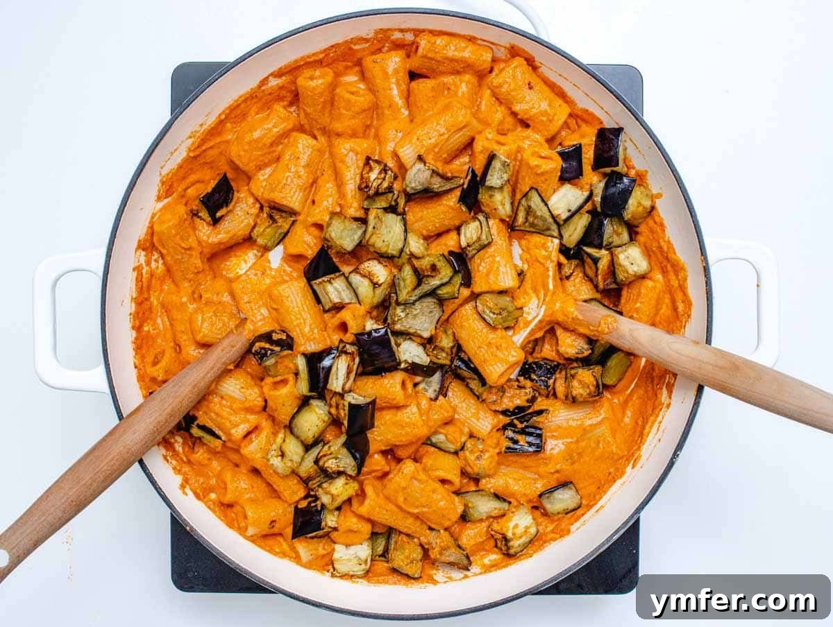 Eggplant Elevated 30 Exciting Recipes 9 Red Pepper Pasta with tender roasted eggplant pieces.