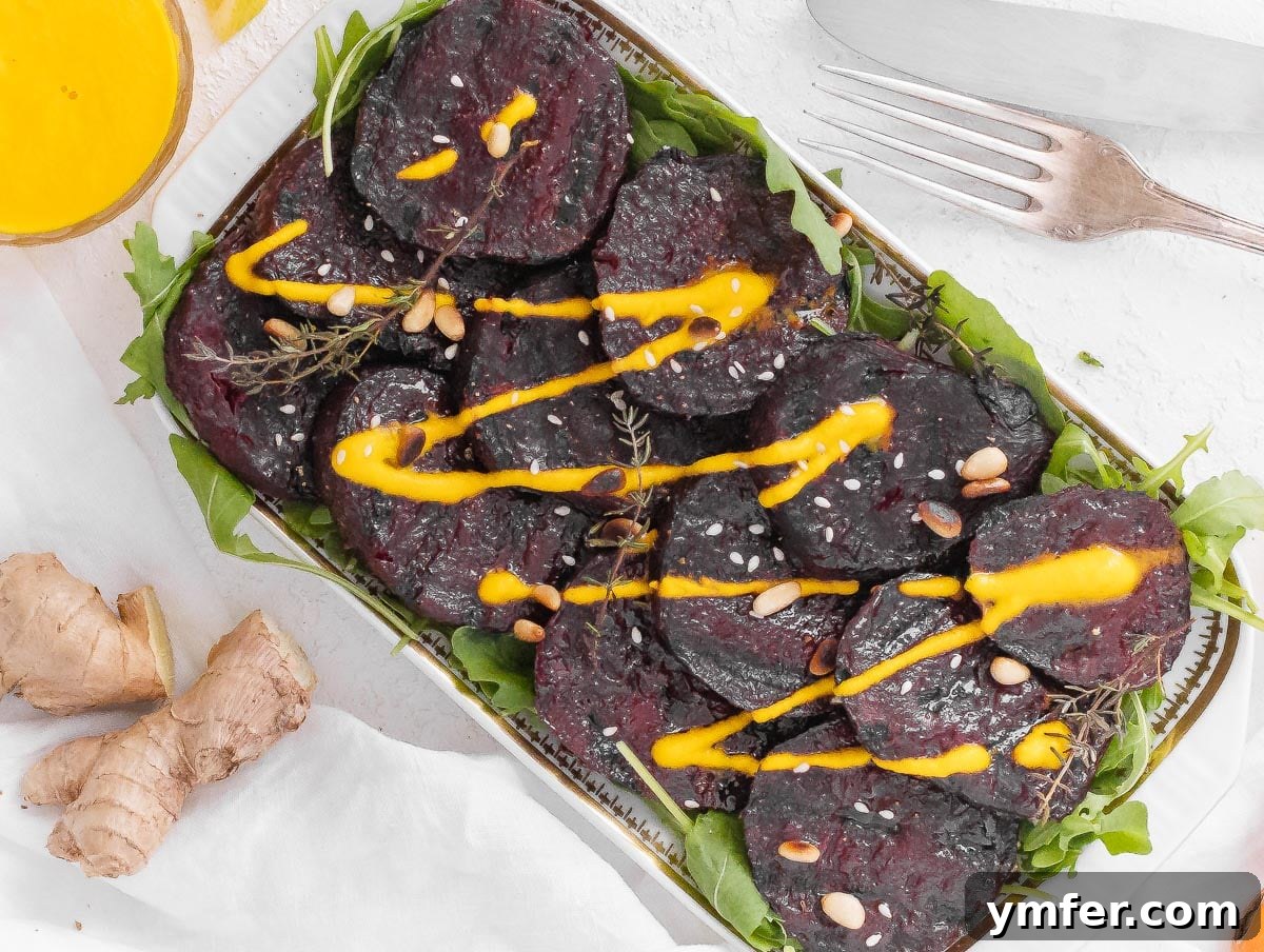 Vibrant Carrot Ginger Dressing 10 Grilled beets with carrot ginger dressing, garnished with pine nuts and herbs.