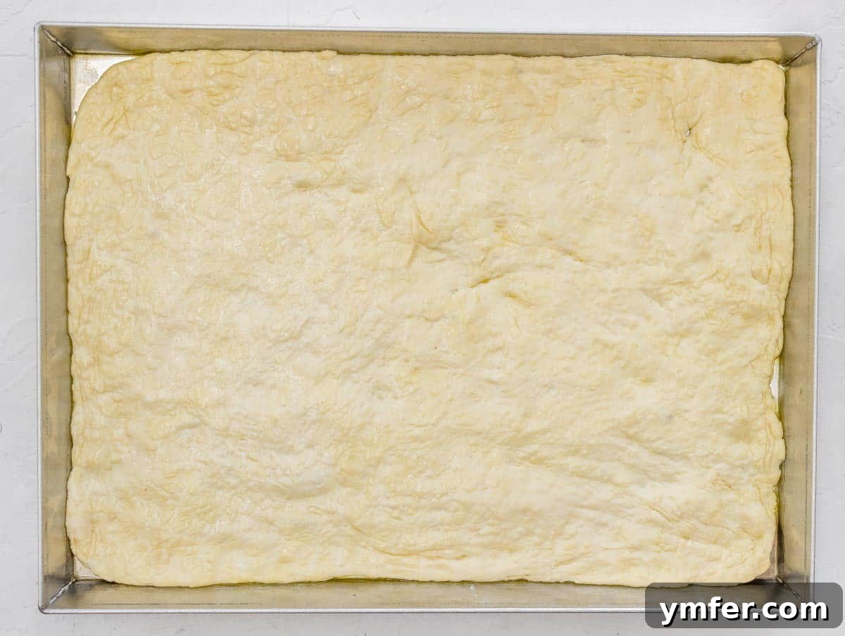 Rustic Zucchini Focaccia 11 Focaccia dough resting on a baking tray after the second proofing, ready for topping.