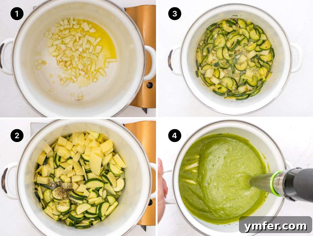 Creamy Zucchini Bliss 4 Collage of step-by-step photos demonstrating how to prepare zucchini soup, from sautéing to blending.