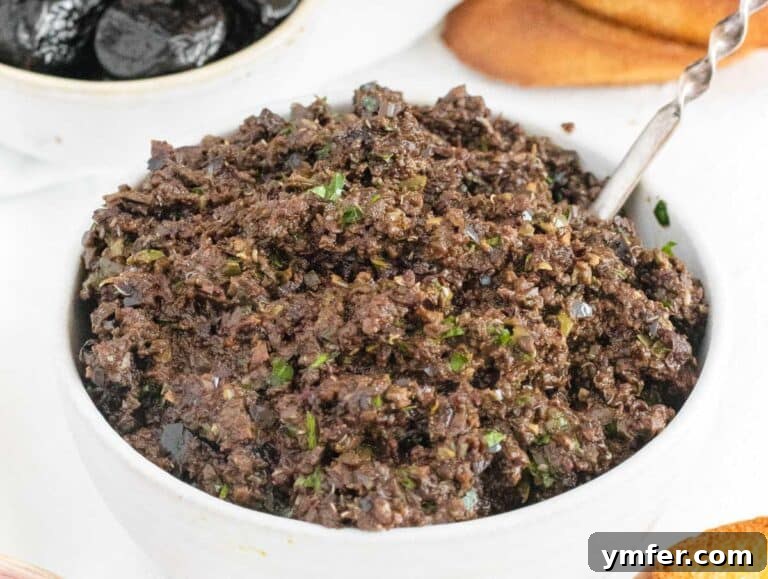 Olive tapenade in a bowl after blending