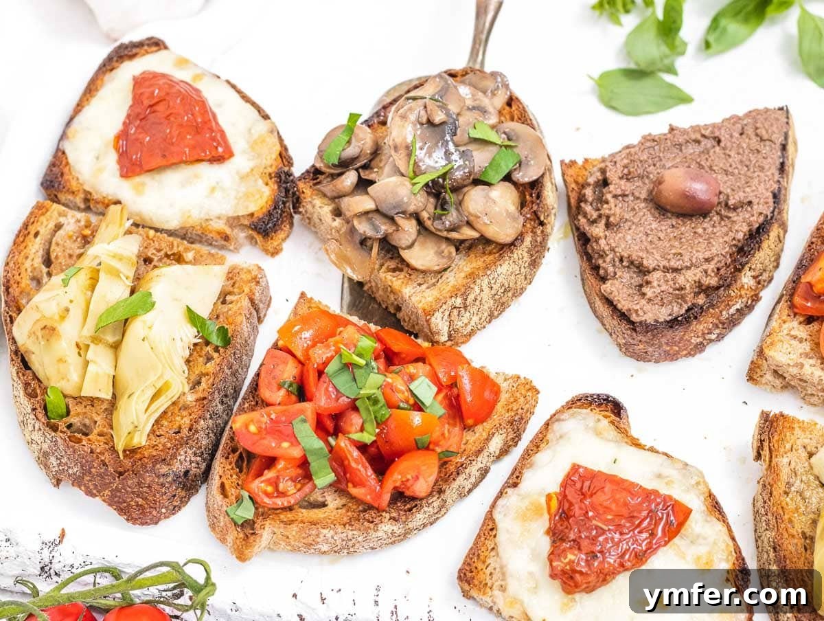 Rich Olive Spread 11 Assortment of bruschetta with various toppings including tapenade