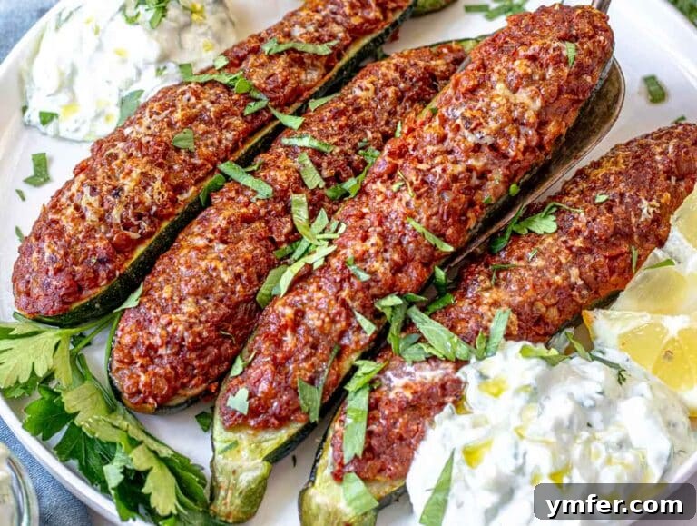 zucchini boats close up with fresh parsley