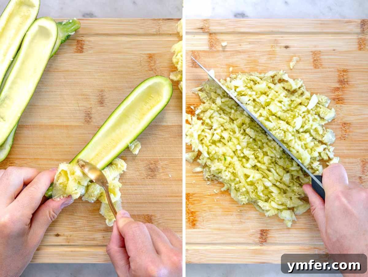 Stuffed Zucchini Canoes 5 Step-by-step instructions showing how to carve zucchini halves into boats, removing the inner flesh.