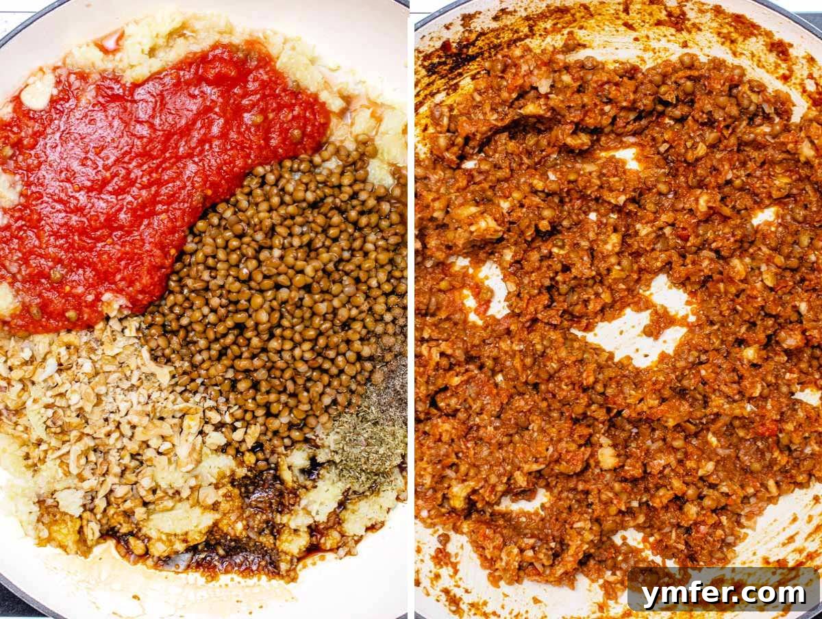 Stuffed Zucchini Canoes 6 Detailed instructions showing the cooking process for the savory lentil and tomato filling in a skillet.