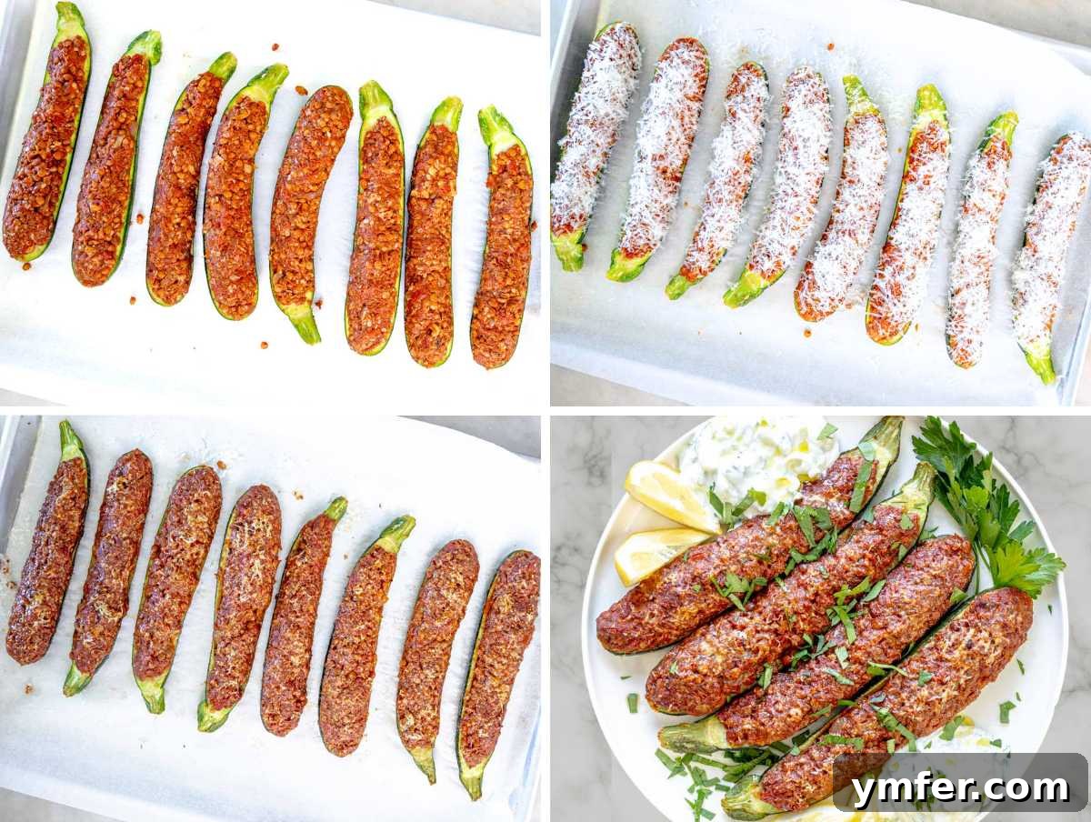 Stuffed Zucchini Canoes 7 Filled zucchini boats arranged on a baking sheet, topped with cheese and baking in the oven.