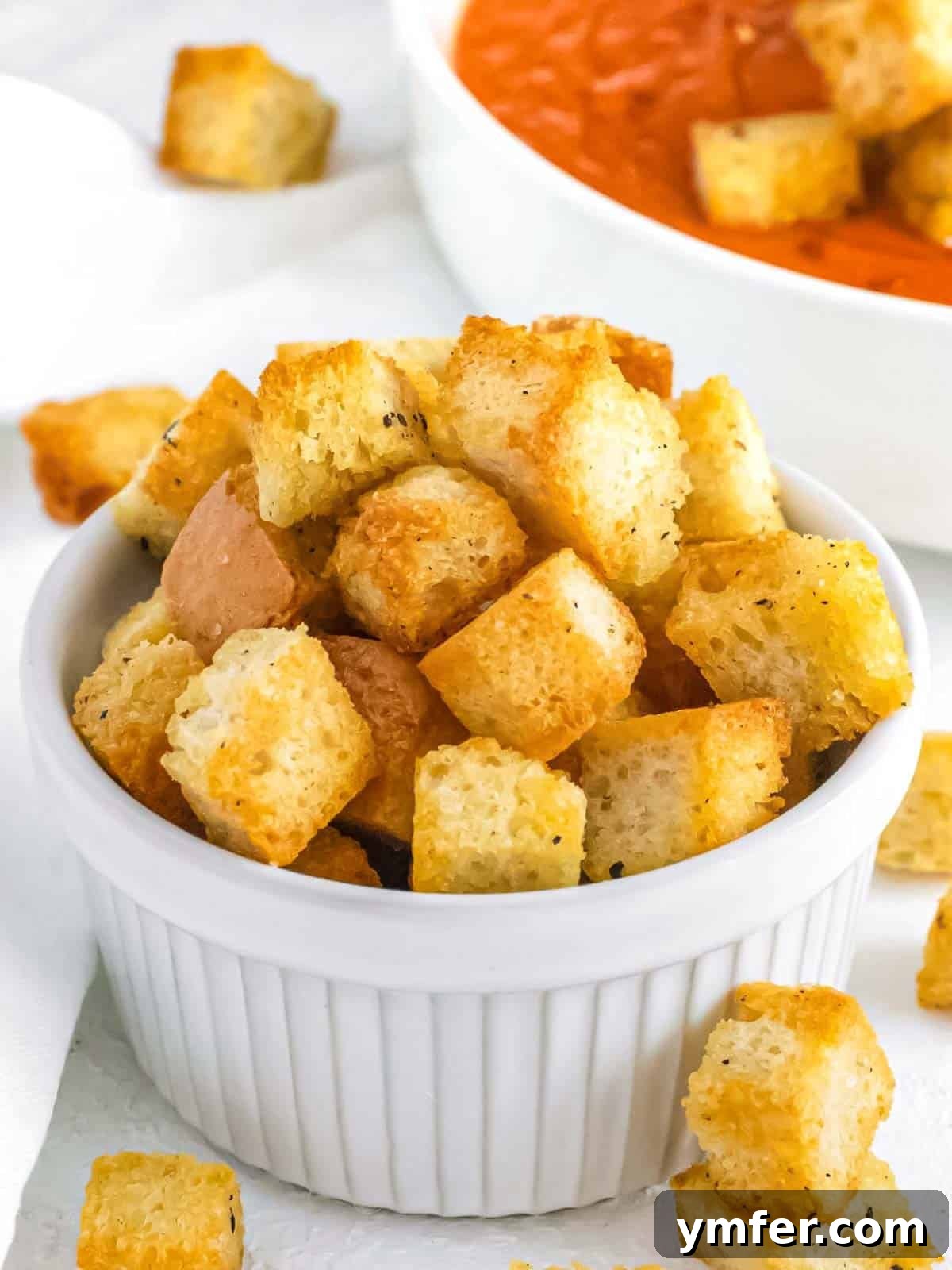 Golden Crunch Air Fryer Croutons 2 Air fryer croutons. A bowl of golden, crispy air fryer croutons, ready to be served.