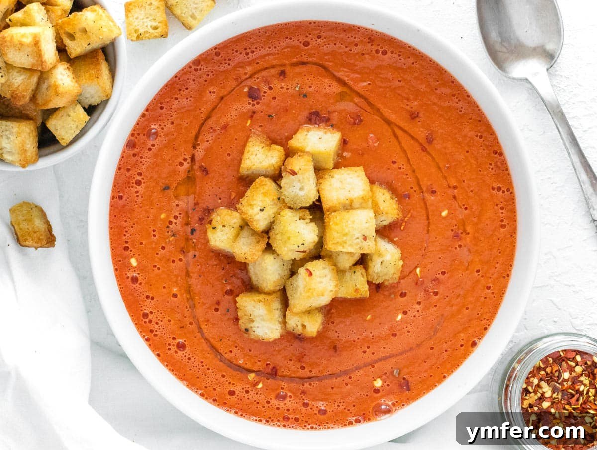 Golden Crunch Air Fryer Croutons 3 tomato soup with air fryer croutons. A bowl of rich tomato soup garnished with golden air fryer croutons.