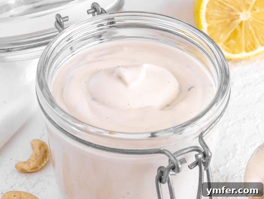 Velvety Vegan Sour Cream 11 Dairy-free sour cream elegantly stored in a clear glass jar with a metal lid, ready for refrigeration.