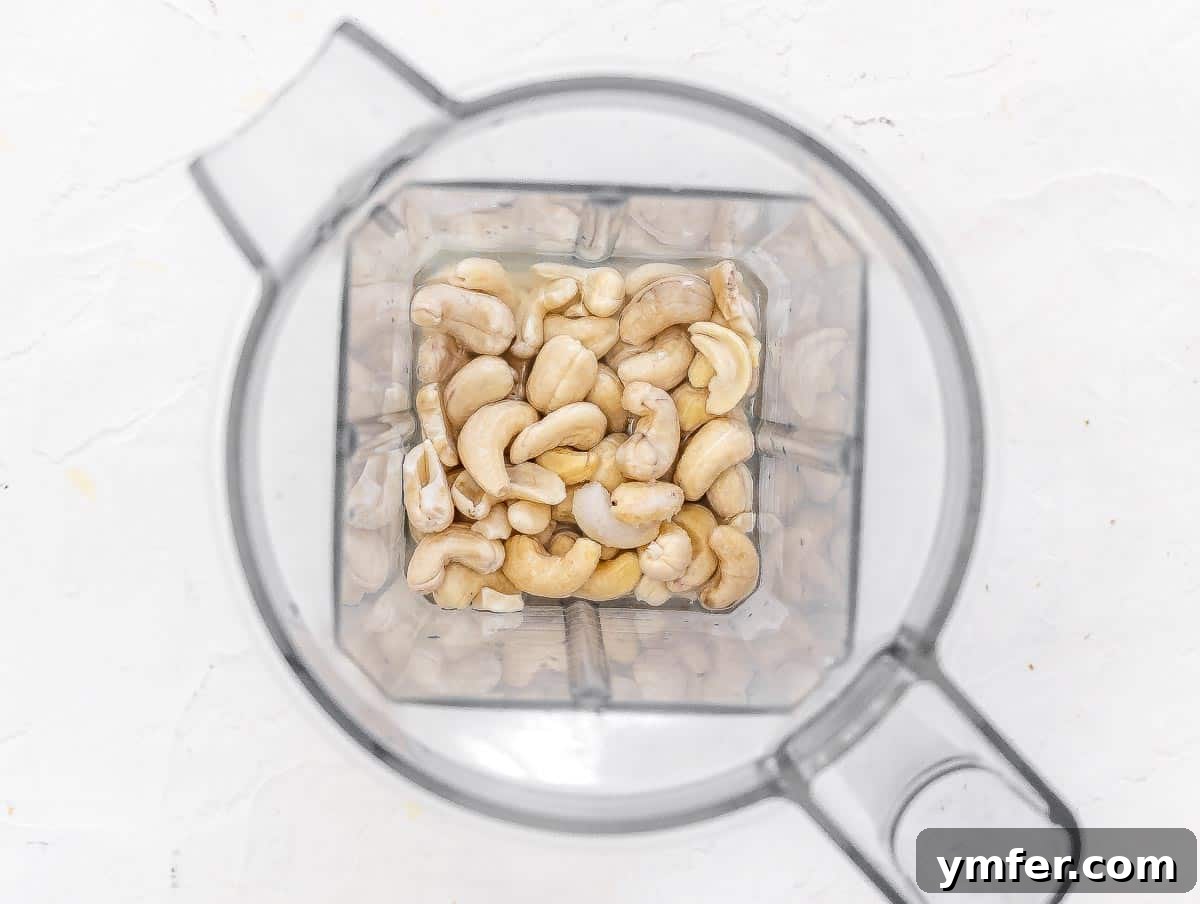Velvety Vegan Sour Cream 9 All vegan sour cream ingredients – cashews, water, lemon juice, apple cider vinegar, and salt – combined in a blender cup.