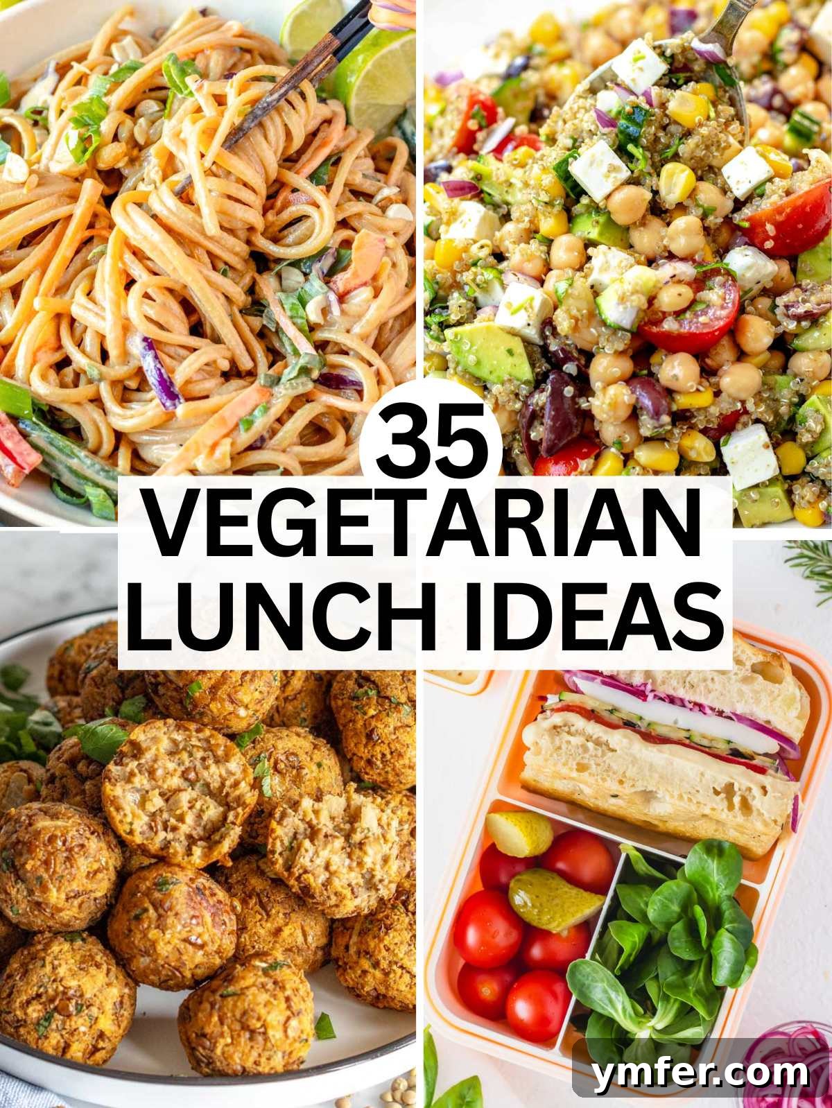 35 Vibrant Vegetarian Lunch Ideas 2 A vibrant collage of 35 diverse vegetarian lunch ideas including salads, sandwiches, pasta, and bowls.