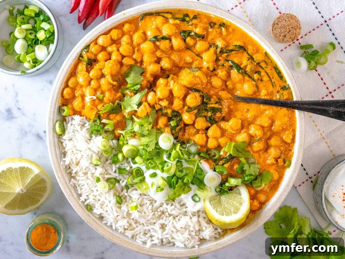 35 Vibrant Vegetarian Lunch Ideas 29 A rich chickpea curry served with basmati rice and fresh cilantro.