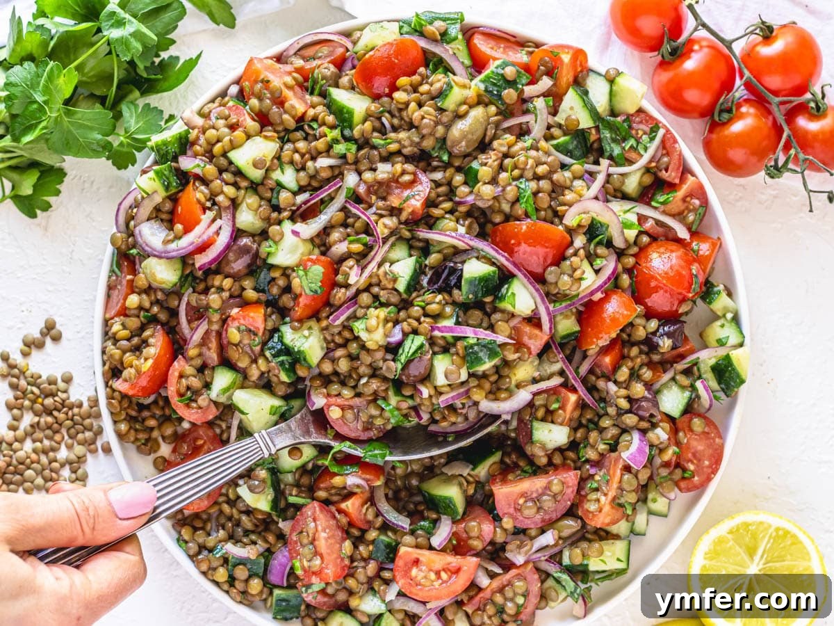 35 Vibrant Vegetarian Lunch Ideas 32 A colorful lentil salad served on a white plate with a hand holding a silver spoon.