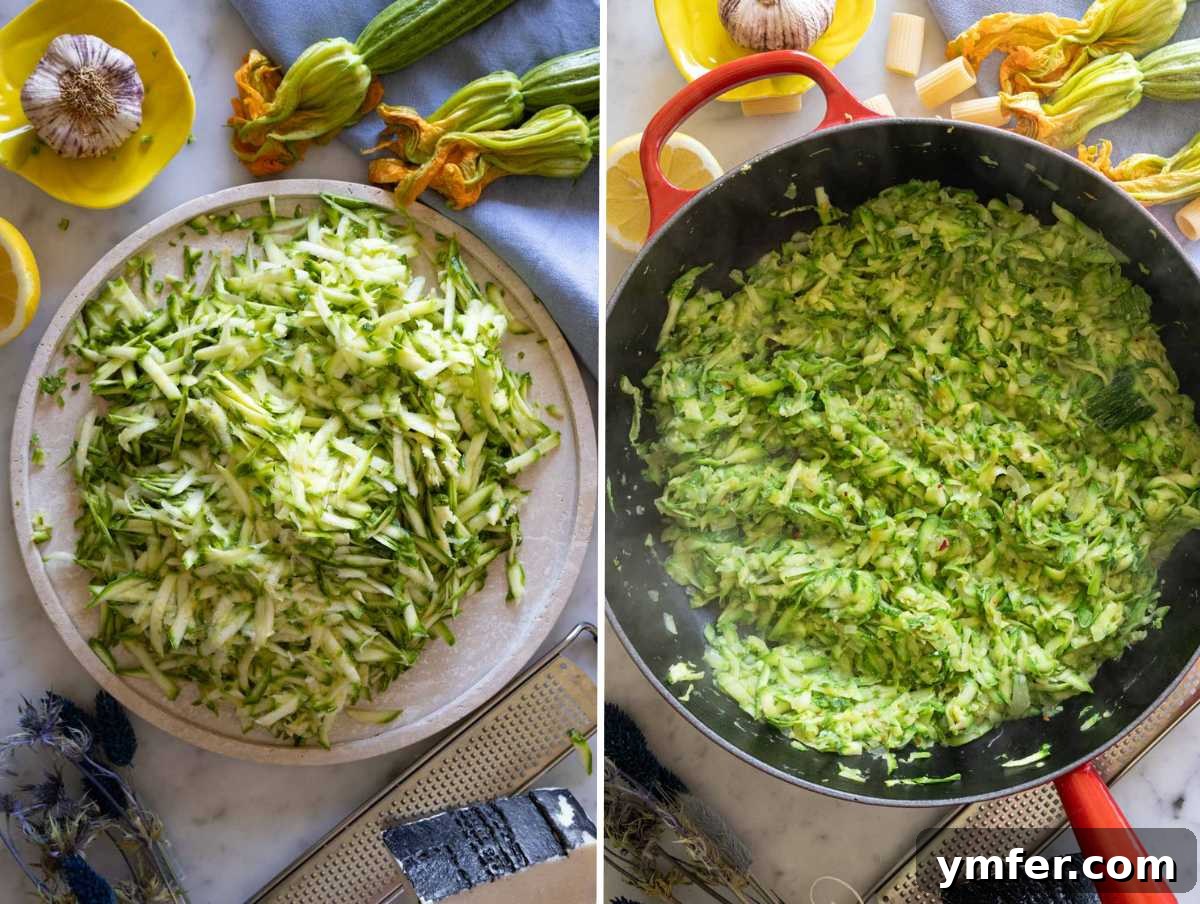 Spiralized Zucchini Delight 5 Close-up of grated zucchini being sautéed in a skillet with garlic and onion, creating a fragrant base.