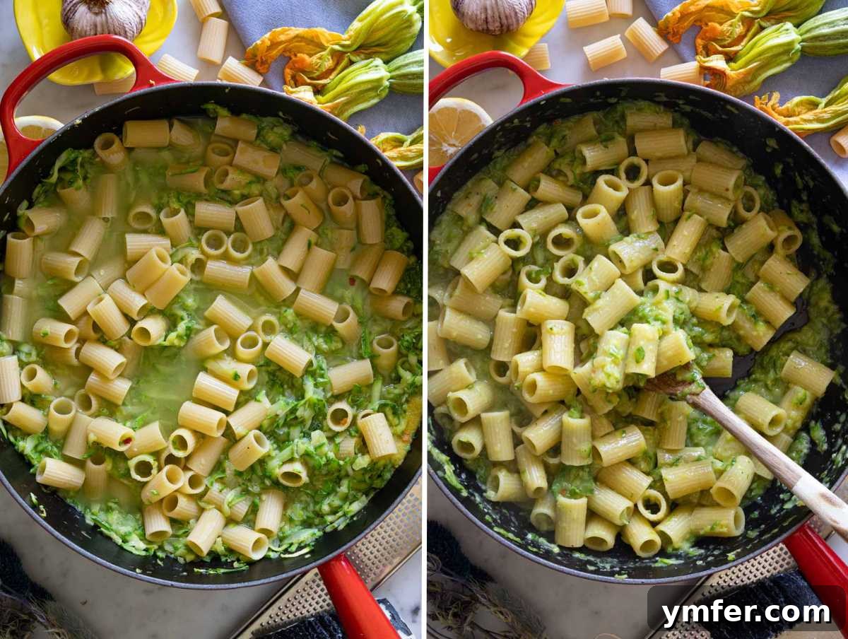 Spiralized Zucchini Delight 6 Pasta being cooked in the same skillet with the zucchini and vegetable broth, absorbing flavors.