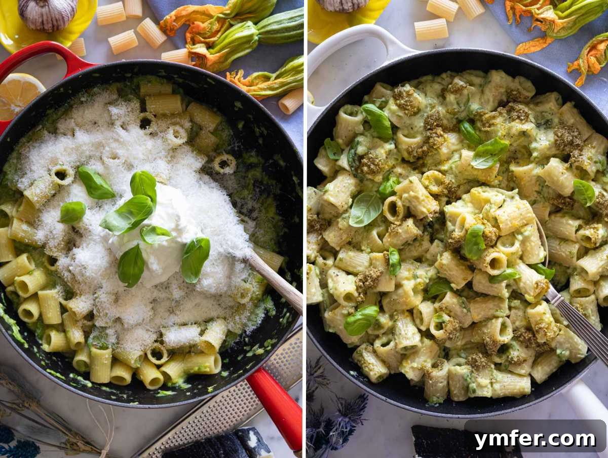 Spiralized Zucchini Delight 7 Creamy zucchini pasta being tossed in a skillet with parmesan, pecorino, and Greek yogurt, creating a smooth sauce.