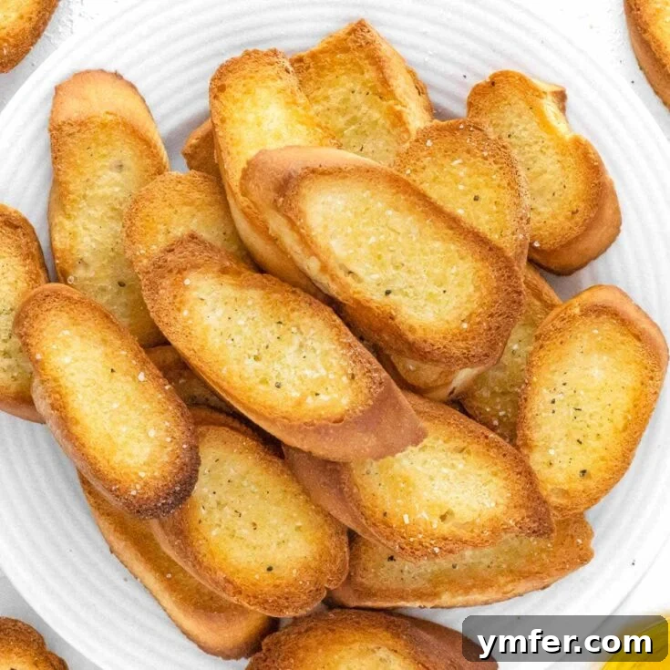 Crispy crostini slices on a white plate.