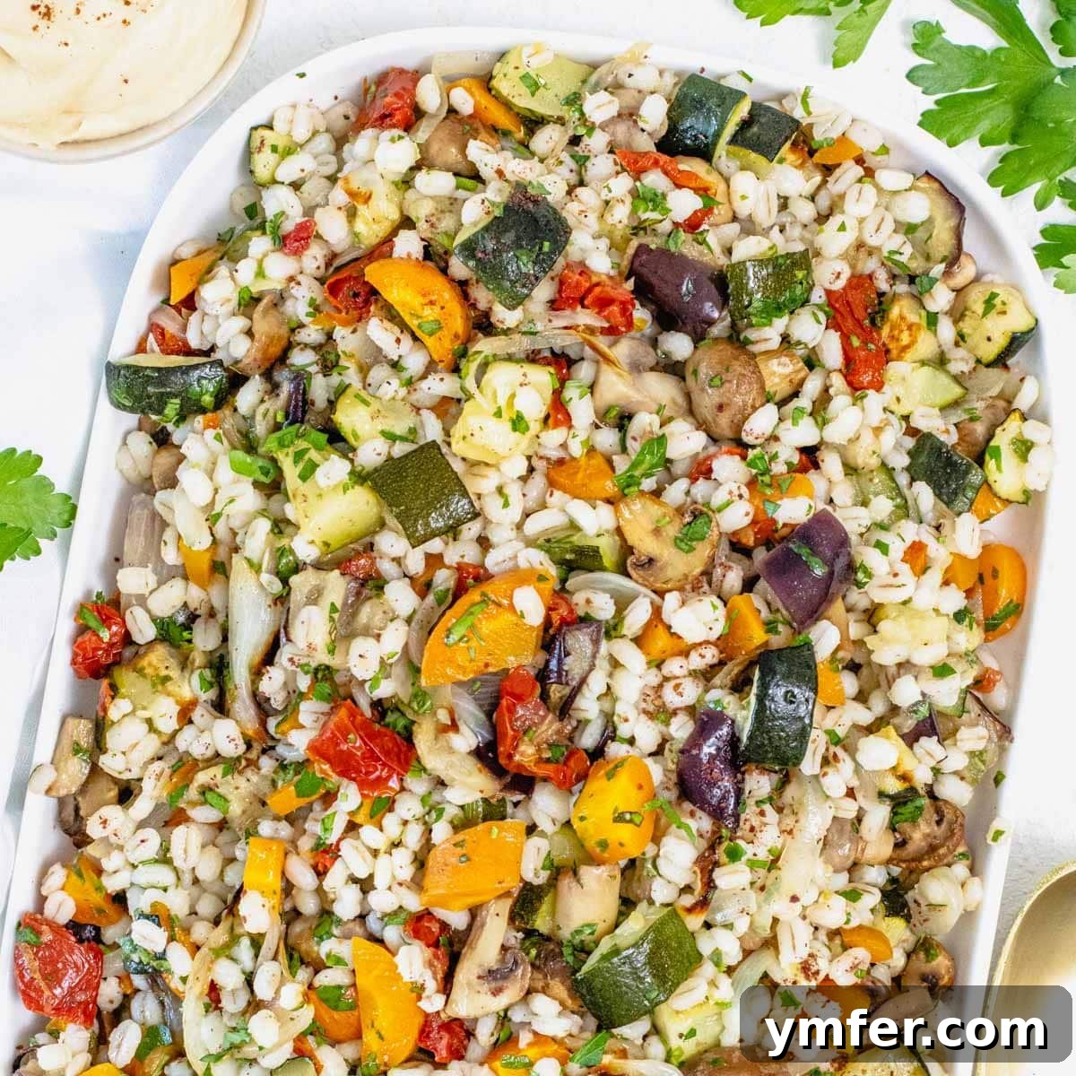 Barley salad with roasted vegetables served on a bed of hummus.