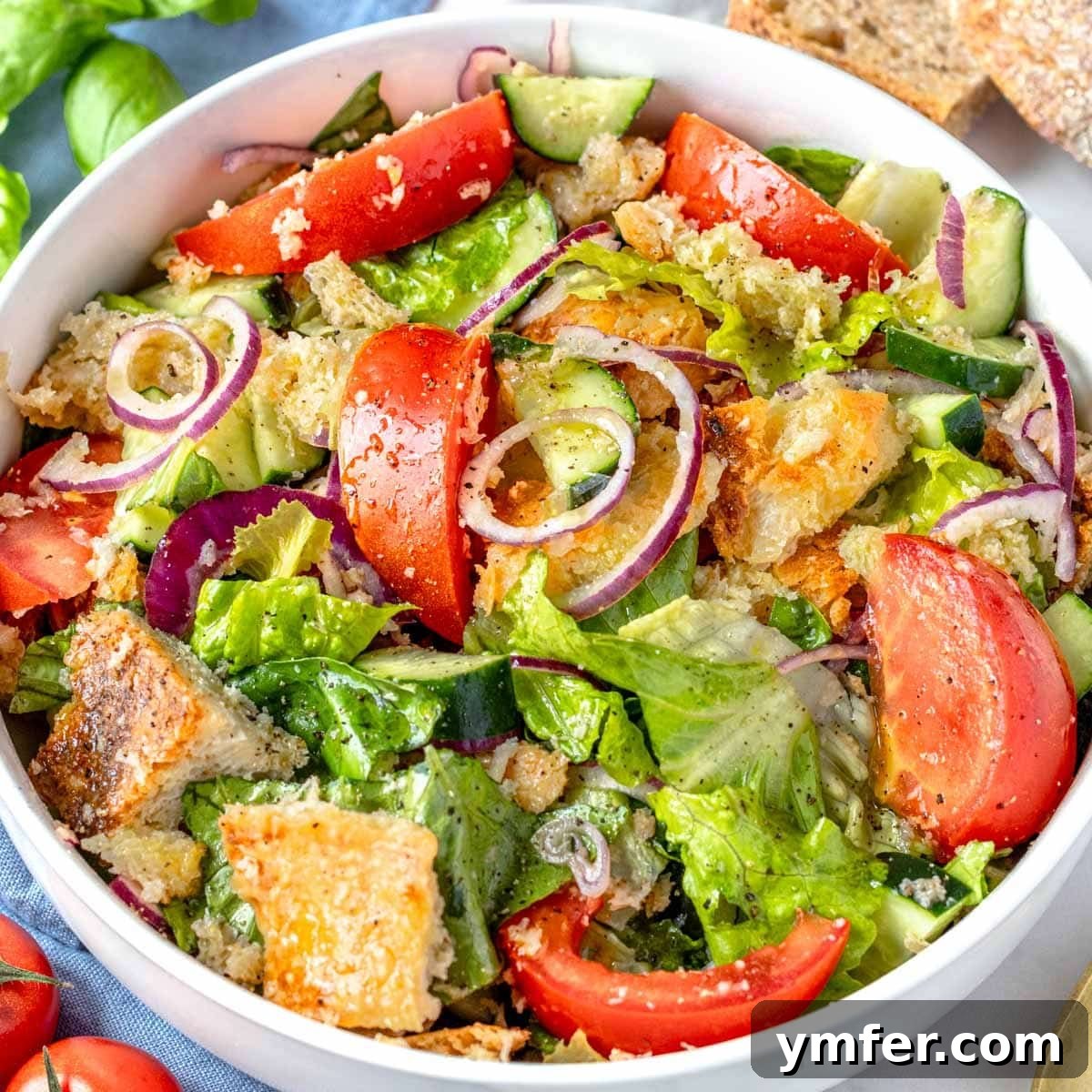 Panzanella salad with bread, tomatoes, and basil.