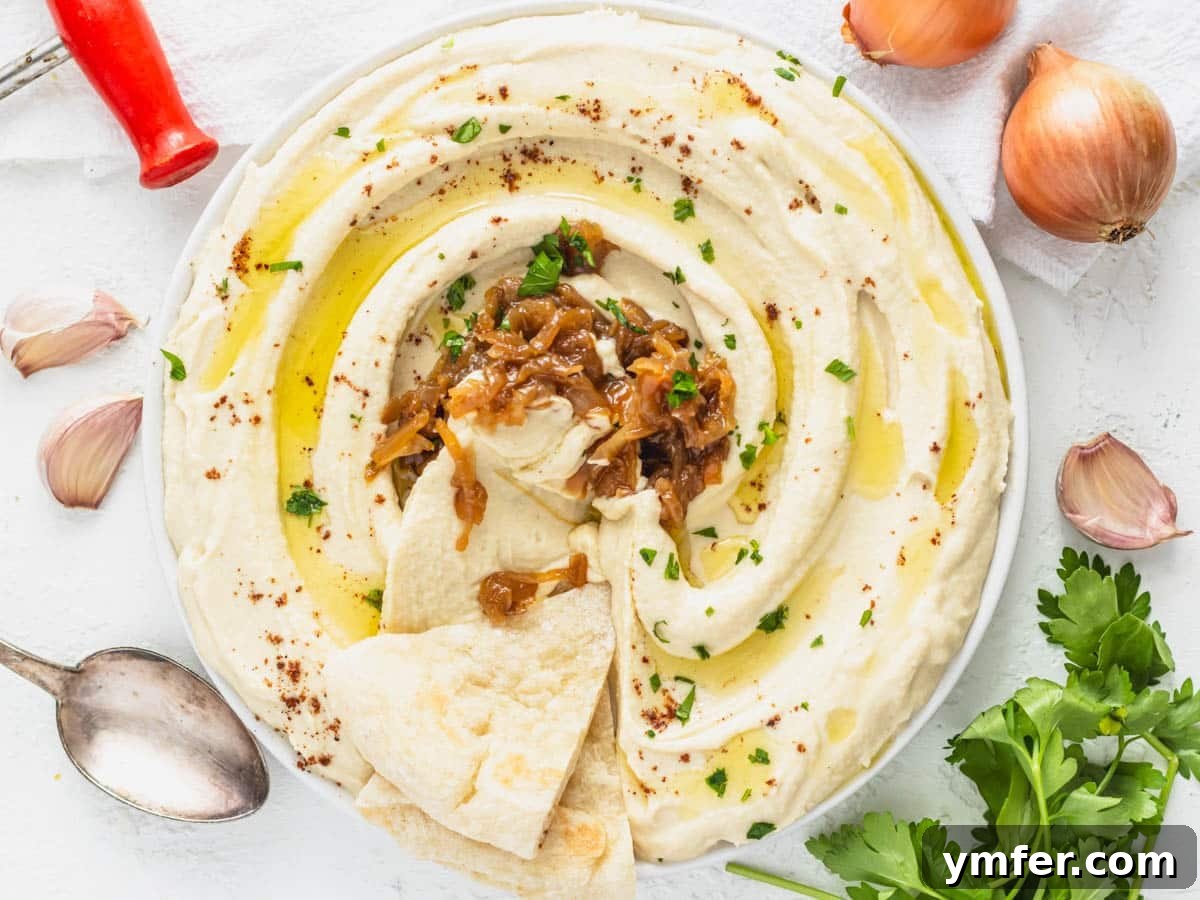 Perfect Pairings for Hummus 34 Caramelized onion hummus, richly garnished.