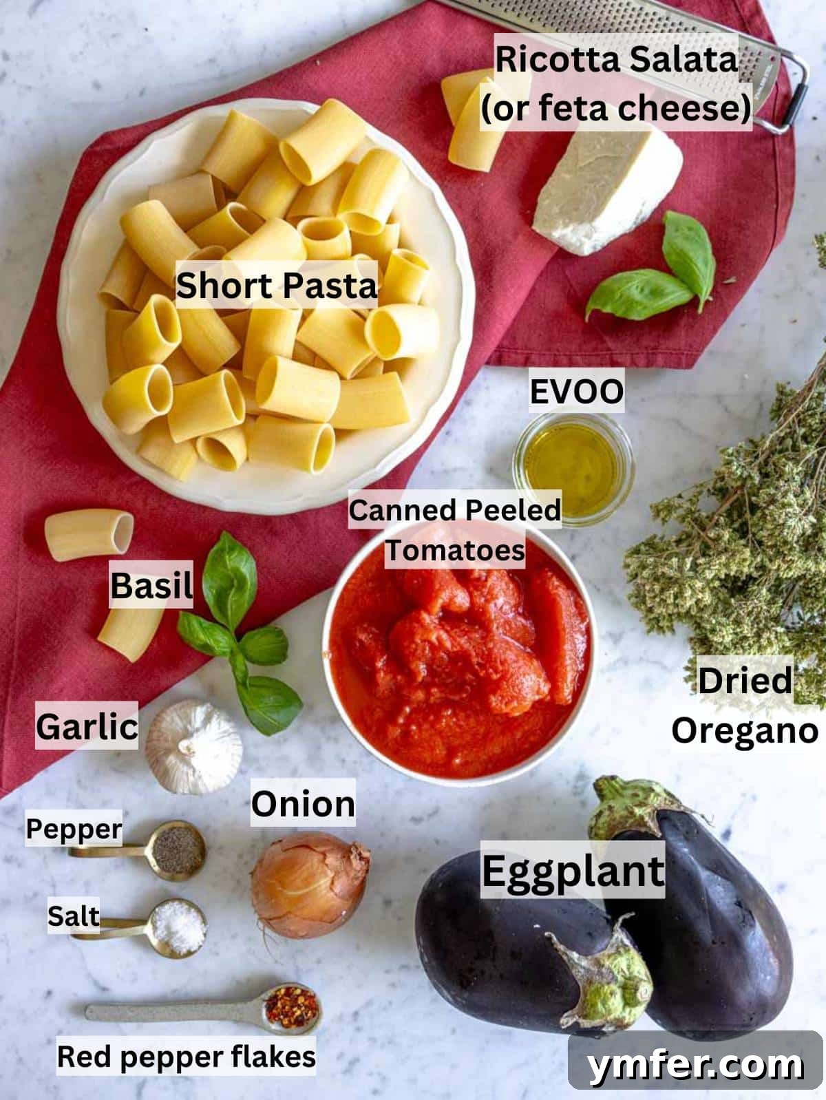 Sicilian Eggplant Pasta Delight 4 Simple ingredients for pasta alla Norma including eggplant tomatoes basil and ricotta salata.
