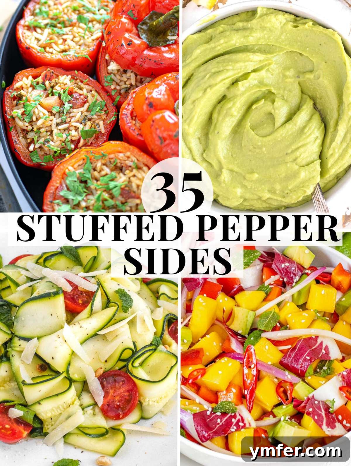 Stuffed Peppers Reimagined: 35 Irresistible Variations 2 Assortment of vibrant side dishes for stuffed bell peppers including salads, bread, and sauces.